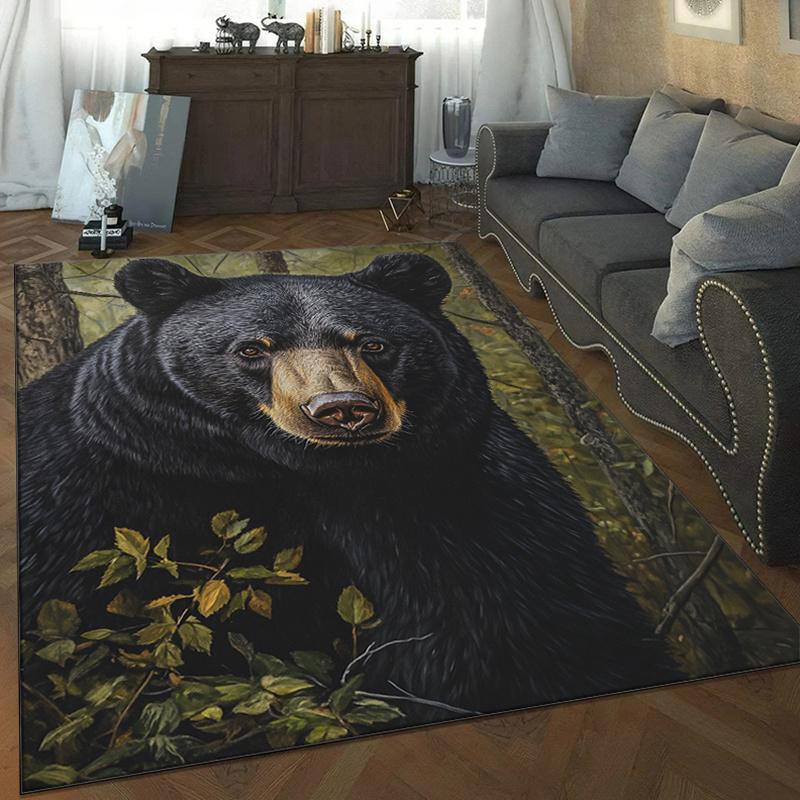 Realistic Black Bear Rug for NatureLovers Wildlife Theme Area Rugs Cozy Living RoomDecor Anti slip carpet can be machine washed