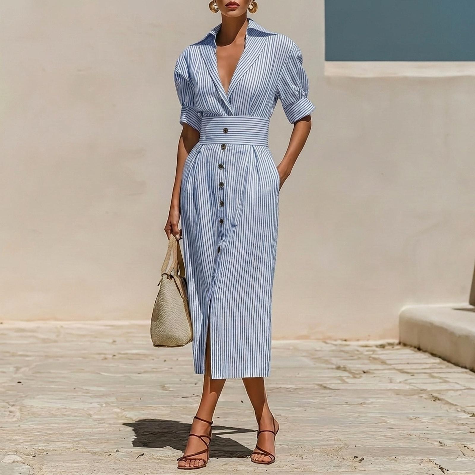 Women s Fashion Shirt Dress with Waist Cinch and Pockets Striped Button Front Midi Dress with Puff Sleeves and Collar for Casual Wear L синий