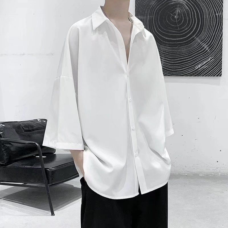 White Men's Lazy Style Five-point Sleeve Ice Silk Drooping Shirt Summer Handsome Fashion Brand Loose Casual Short-sleeved Jacket