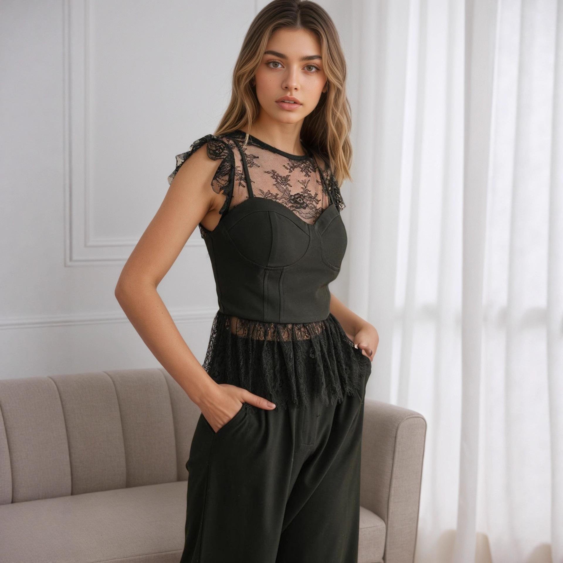 European and American vest bottoming shirt, temperament splicing lace edge sleeveless top blouse european and american size s