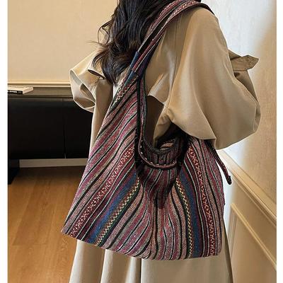 Retro Striped Canvas Shoulder Bag - Large Capacity, Women's Fashion Crossbody