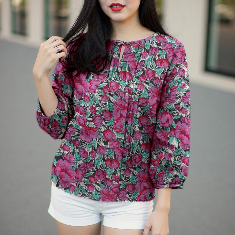 

ZANZEA Женская повседневная блузка с круглым вырезом и рукавом 3/4 с цветочным принтом S фиолетовый