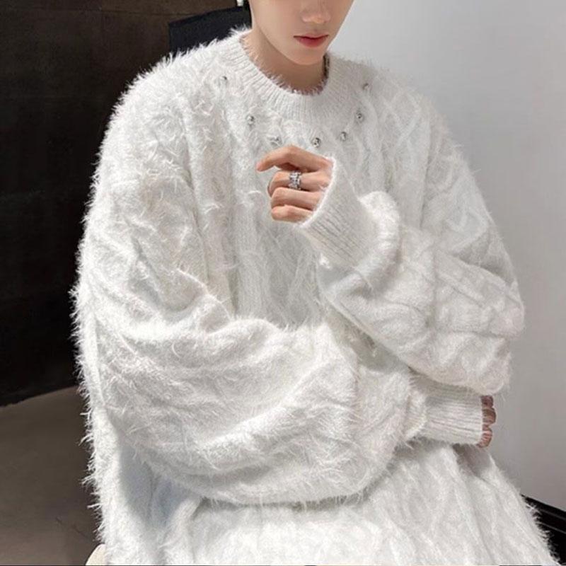 

American Retro Solid Color Knitted Pullovers Autumn Winter Round Neck Men s Clothing Fashionable Beading Loose Casual Sweaters L білий