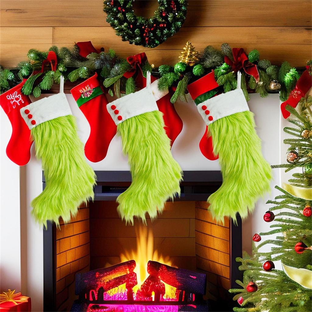 Ciorapi de Crăciun, Ciorapi de Crăciun din pluș verde, Decorațiune agățată pentru scări de șemineu, Sac imitație din pluș pentru gustări și bomboane de Crăciun