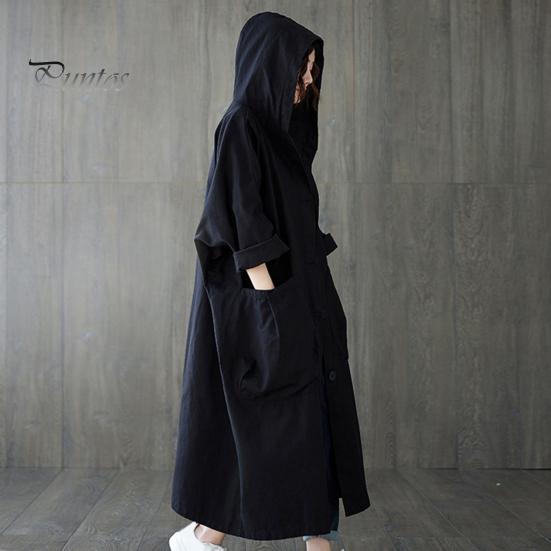 Women Outwear Spring Autumn Trench Coat Solid Color Loose Hooded Ladies Overcoat Streetwear Literary Style Single Breasted Windbreaker for Working