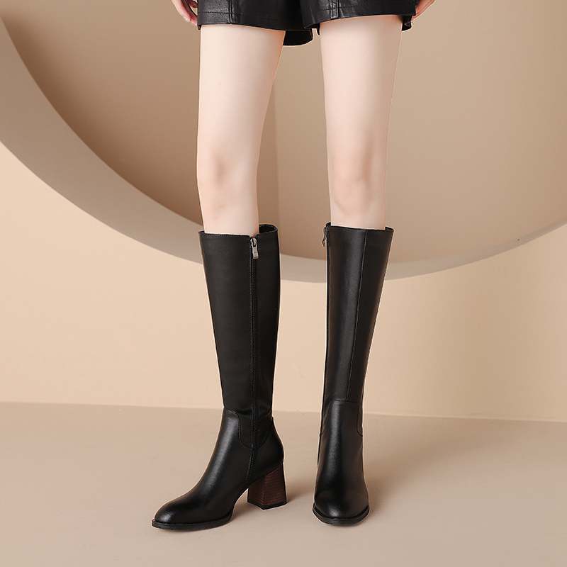 Krazing Pot Herbst-Winterschuhe aus Rindsleder, dicke High Heels, große Größe 34-Größe 46, Reißverschluss, Dekoration, prägnanter Stil, Damen, warm, Kniestiefel