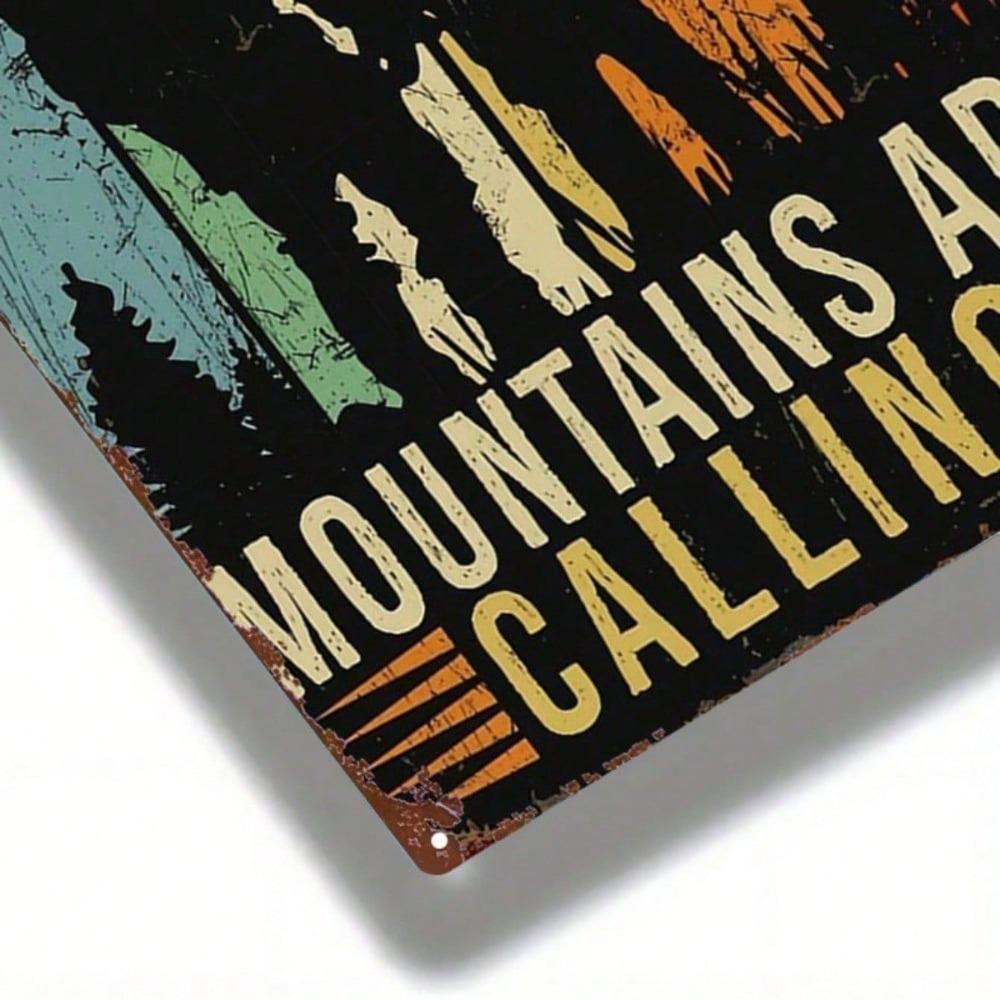 Vintage Mountains Calling Metal Wall Sign Rustic 8x12 Inch Iron Plaque Hiker Silhouette Outdoor Cabin Decor