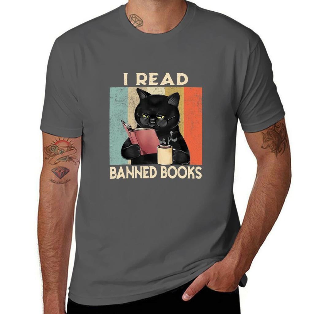 Cat I Read Banned Books Funny Bookworms Tshirt Plus Size Basic Cotton Tshirt