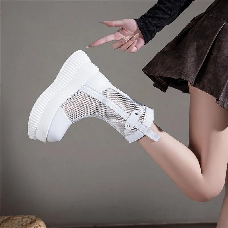 8CM Air Mesh Genuine Leather Boots Women Pumps Summer Motorcycle Chimney Sandals Hollow Ankle Booties ZIP Fashion Shoes