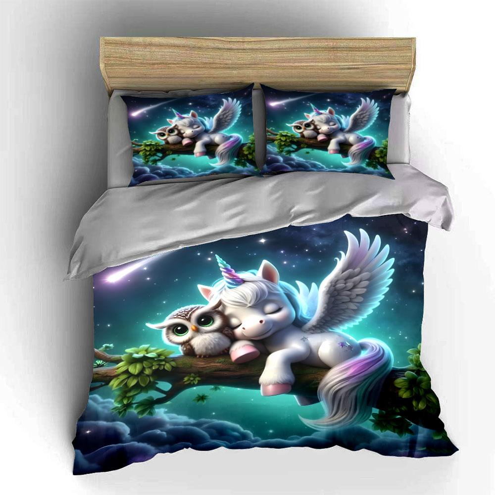 3Pcs Dreamy Unicorn And Owl Cuddling Duvet Cover Set With 3D Printing Design Soft Polyester Bedding Set All-Season Comfort