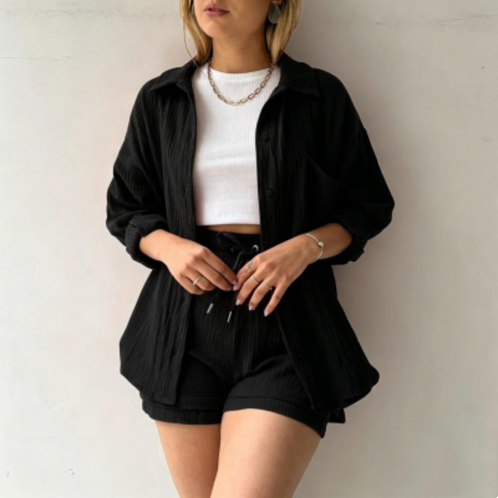 

Spring Summer Women s Shirt Shorts 2-piece Set Fashion Women s Long Sleeved Shirt Shorts Home Outdoor Casual Women s Set S