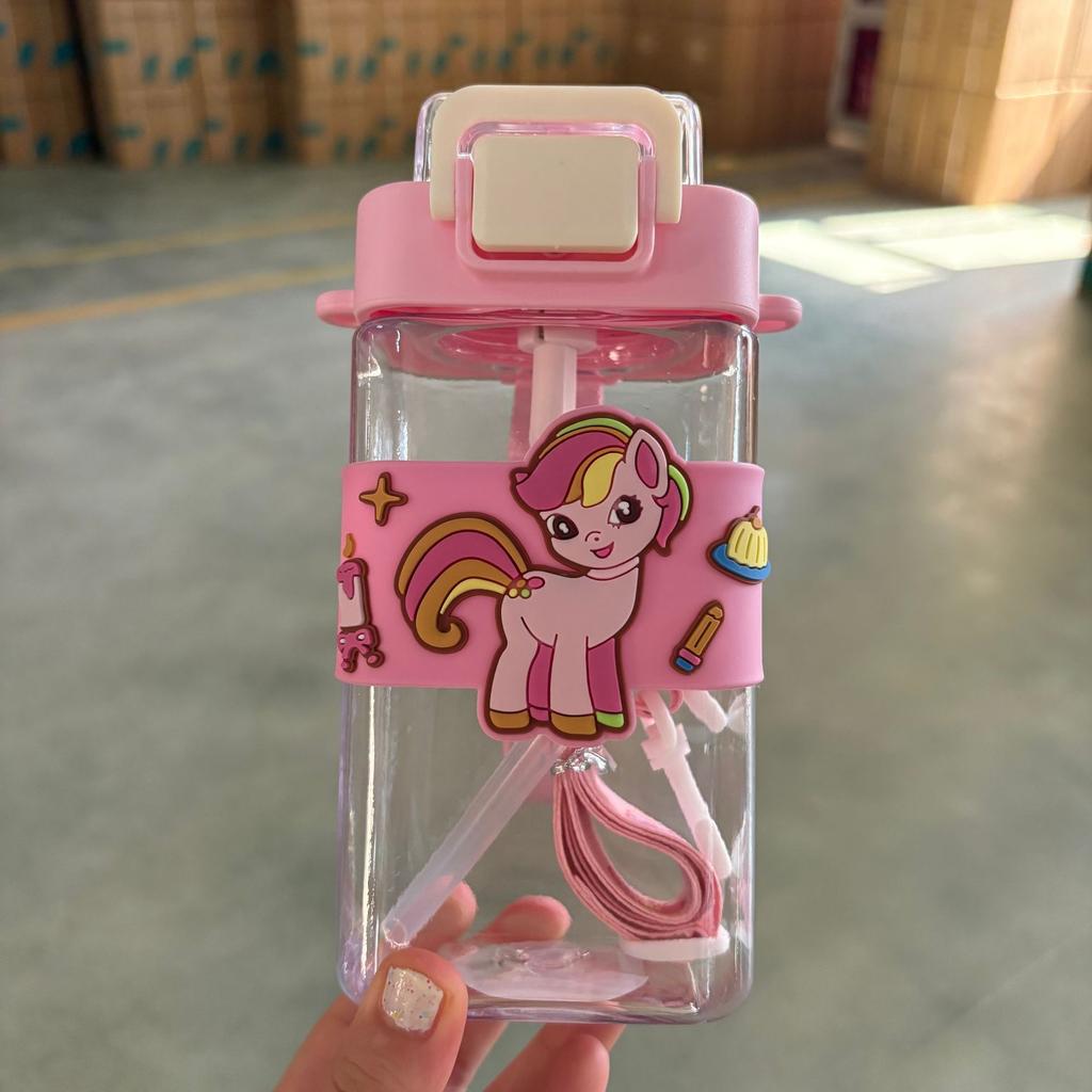 Water Bottle Straw Cup High Value Cartoon Square Cup Portable Large Capacity Student Children Drinking Cup with Strap Plastic Water Cup