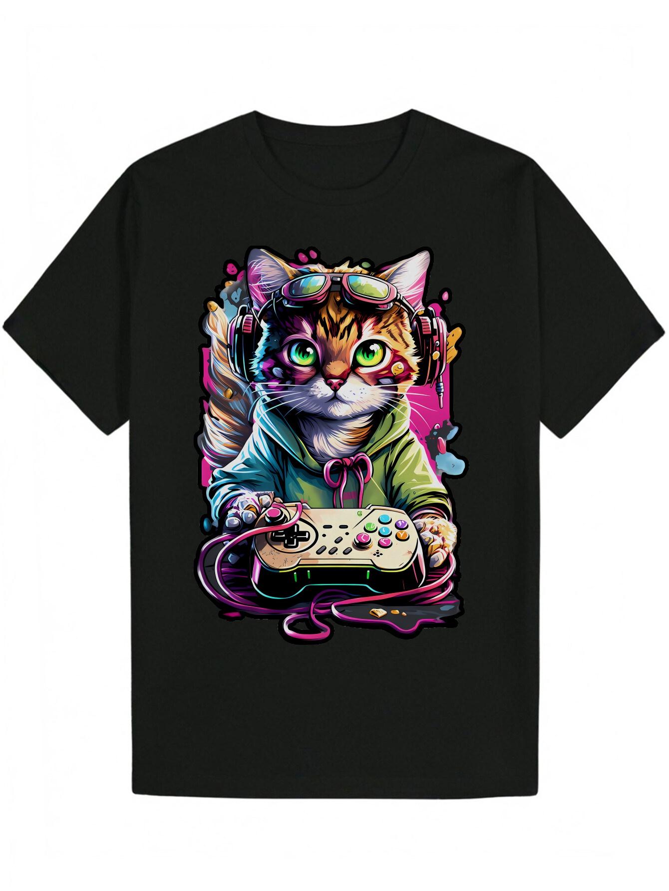 

Gaming Graphic T-shirt - Retro Arcade Cat Design Black Tee - Lightweight Polyester Shirt for Gamers & Anime Fans - Machine Washable Summer Apparel S