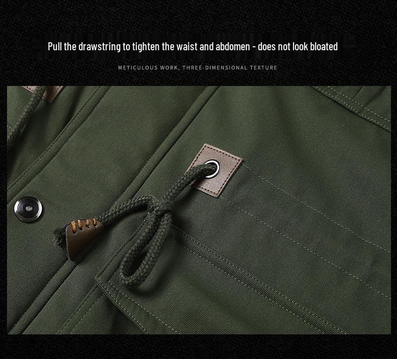 2026 Autumn/Winter Men's Hooded Thick Workwear Jacket, Plus Size, Velvet-Lined, Mid-Length Cotton.