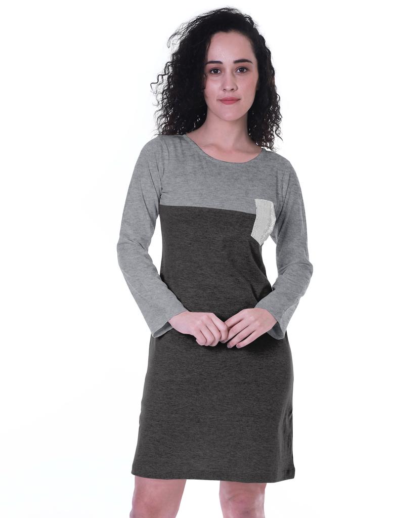 Moomaya Womens T-shirt Dress Full Sleeve Sequin Patch Pocket Summer Dresses