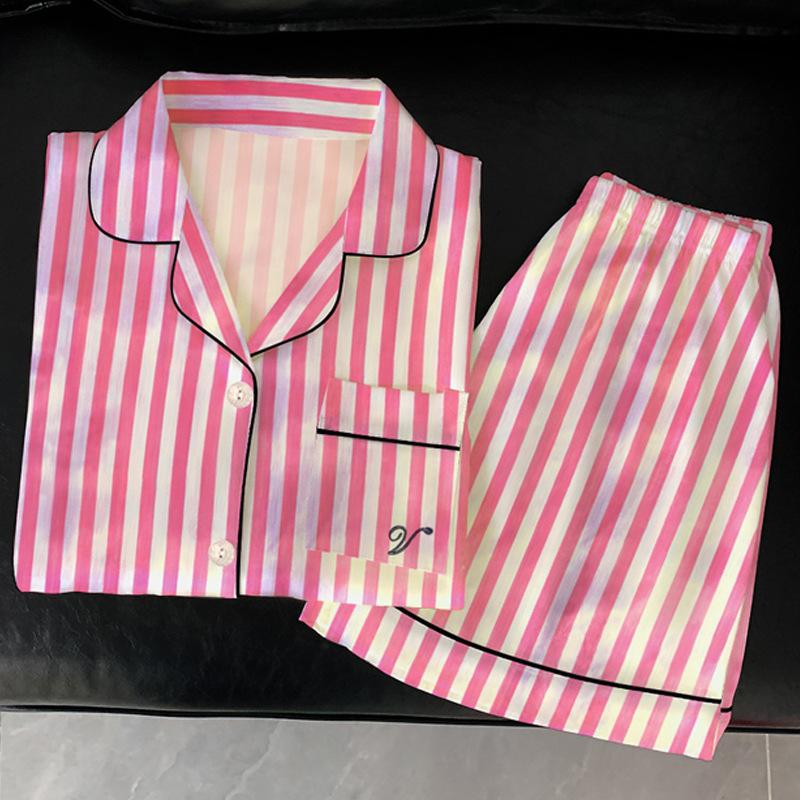 Ice Silk Pajamas Women'S Summer Pink Striped High-Value Cool Short-Sleeved Loungewear Fashion Suit