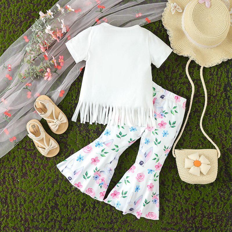 Costum de Paște cu imprimeu de iepuraș și flori pentru fete mici Set de haine cu tricou și pantaloni evazați cu tiv cu franjuri