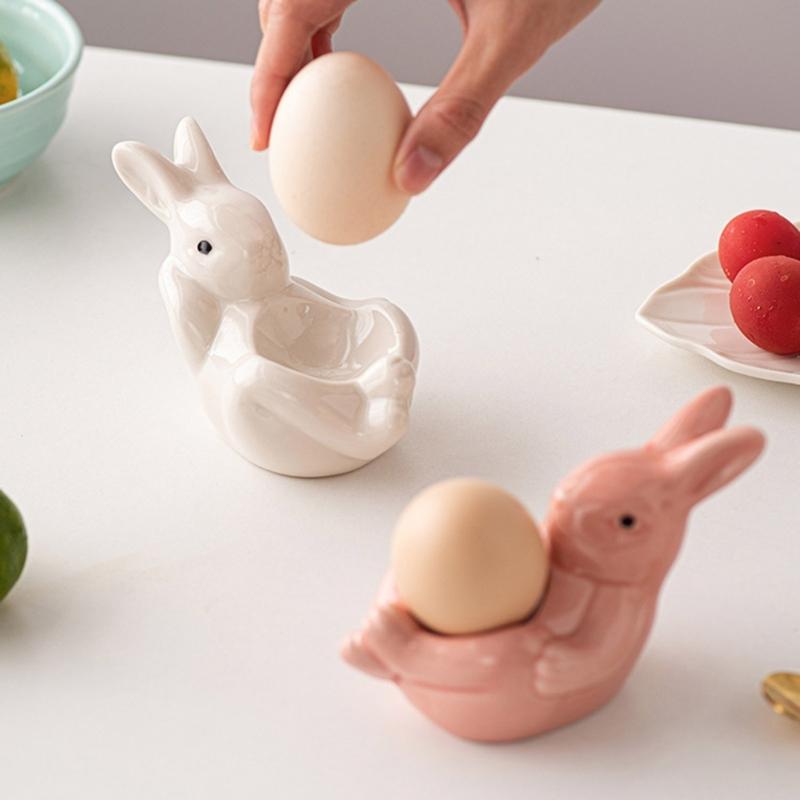 Cute Rabbit Shaped Boiled Eggs Cup Ceramic Eggs Holder Easter Decorations Eggs Display Stands for Party Dinner Table