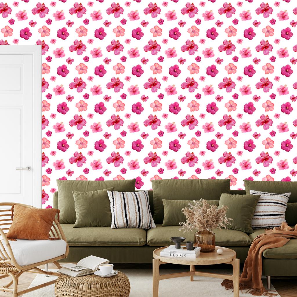 Wallpaper Flowers White, Powder Pink and Coral for Living Room and Bedroom 50x1000