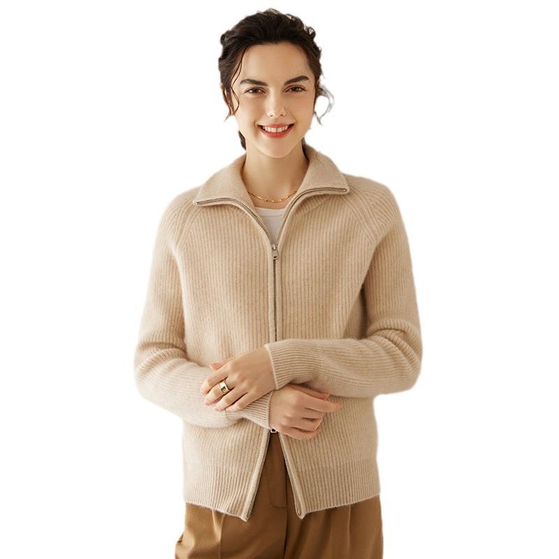 2024 Autumn/Winter Women's Long Sleeve Cashmere Knit Cardigan - Loose Fit Zipper Retro Fashion Jacket