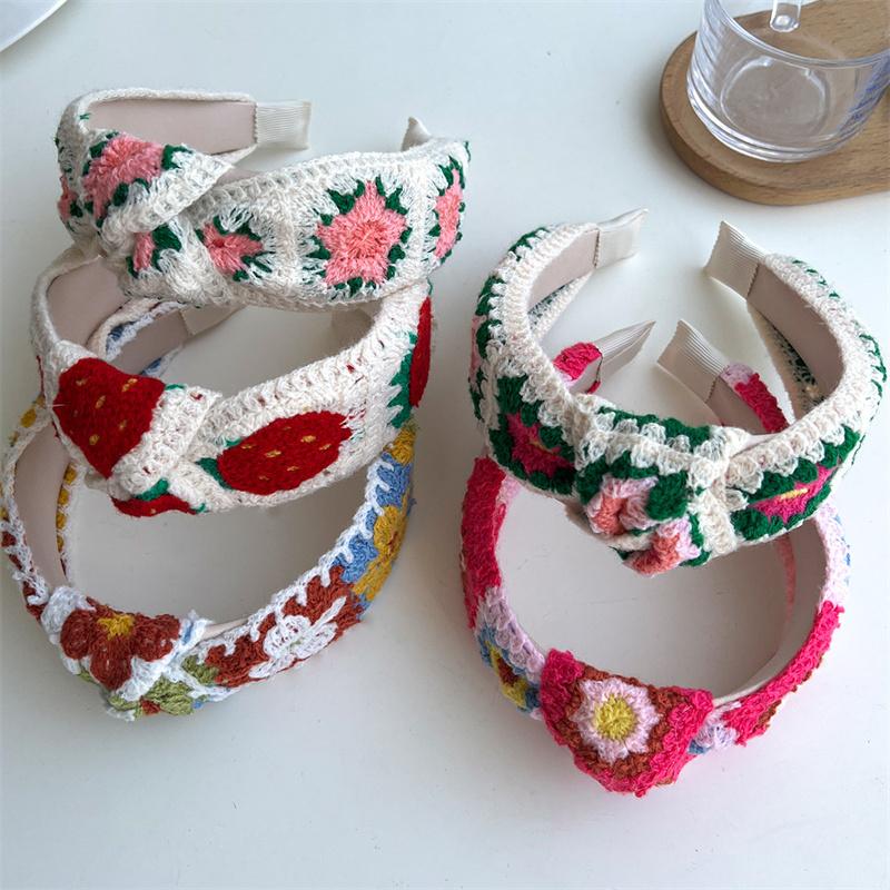 Pretty Knitting Floral Embroidery Tape Knotted Hairbands for Women Girls Shopping Party Photography Head Wears