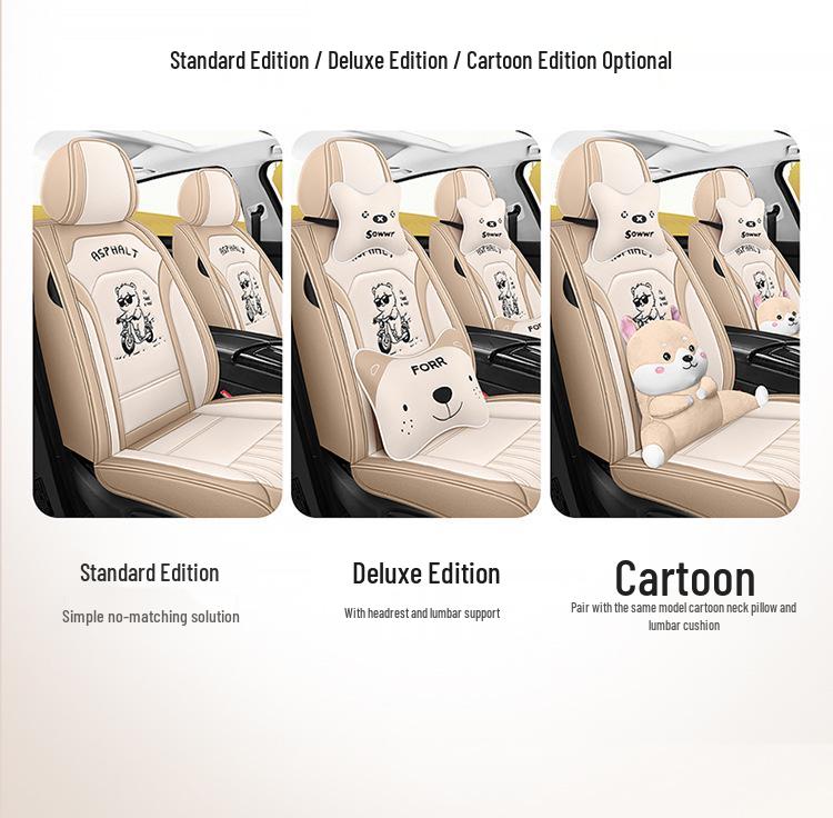 All-Season Linen Car Seat Cover - Breathable, Full Coverage with Cute Cartoon Design for Autumn/Winter