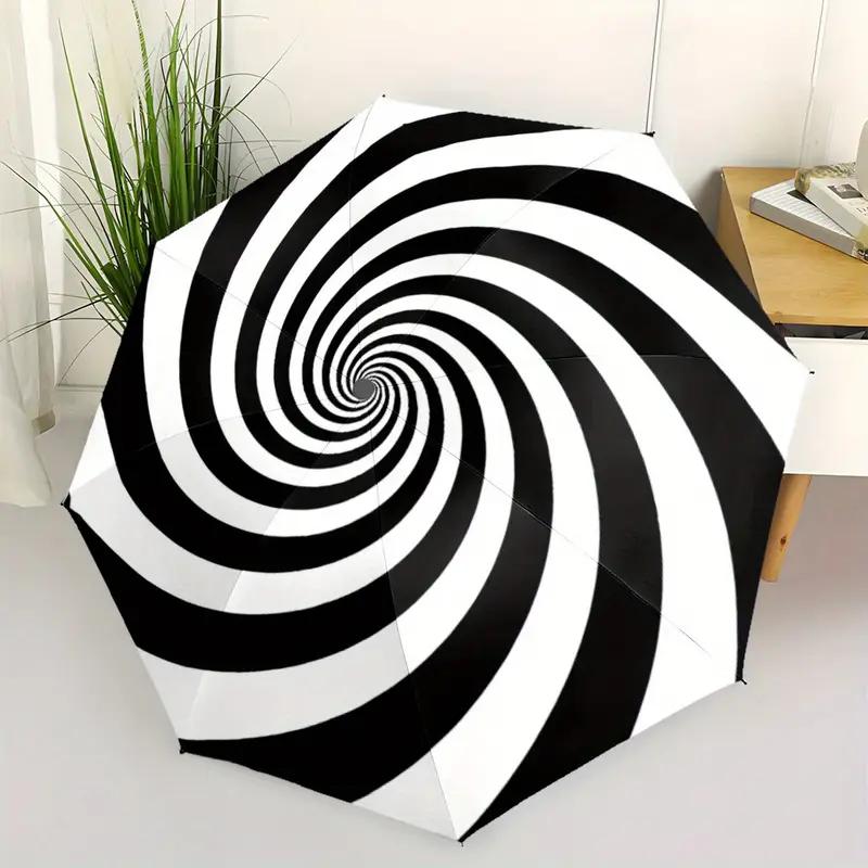 Automatic Folding Umbrella with Black and White Spiral Design, 8-Rib Auto Open/Close, Portable Compact Foldable Umbrella with