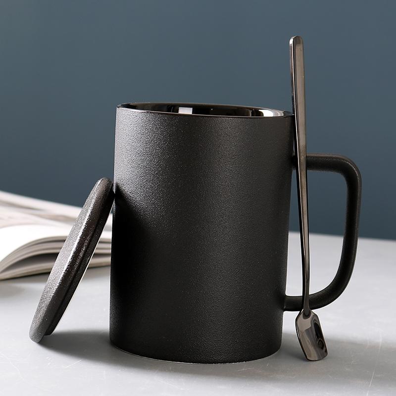 Retro Style Personalized Frosted Ceramic Mug Japanese Home Black Breakfast Cup with Lid and Spoon Office Mugs