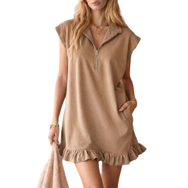 New Sleeveless Double-Pocket Dress with Zipper V-Neck and Ruffled A-Line Skirt for Women