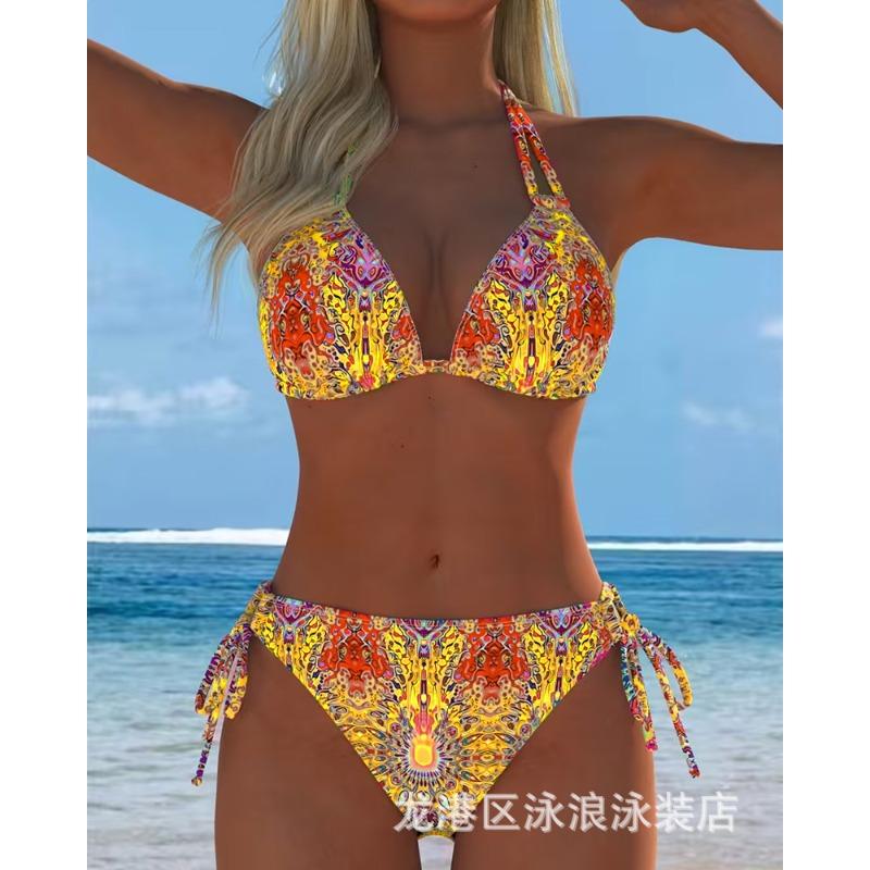 

2026 New European and American Printed Bikini Split Swimsuit Women s Thin Lace-up Beach Fashion Swimsuit Suit 3XL