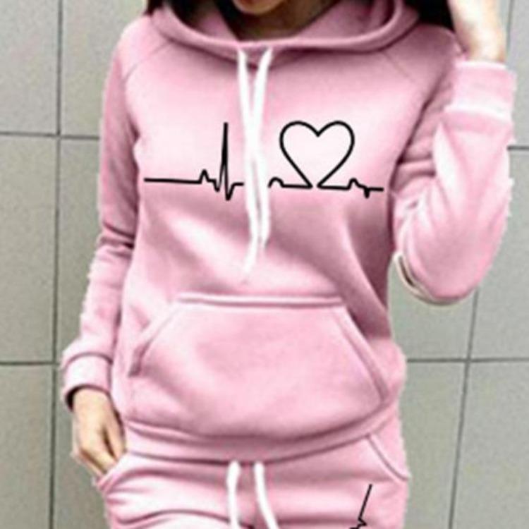 Ladies Hoodie Tracksuit Set Heart Print Thick Warm Breathable Daily Wear Solid Color 2 Pcs