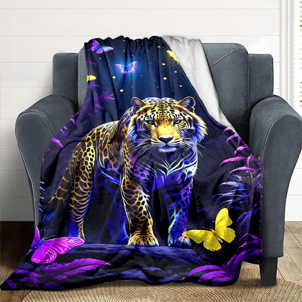1pc Neon Jaguar Print Blanket - Lightweight Flannel Fleece with Digital Printing, Soft Warm for Sofa, Travel, Camping, Office Yy251018265