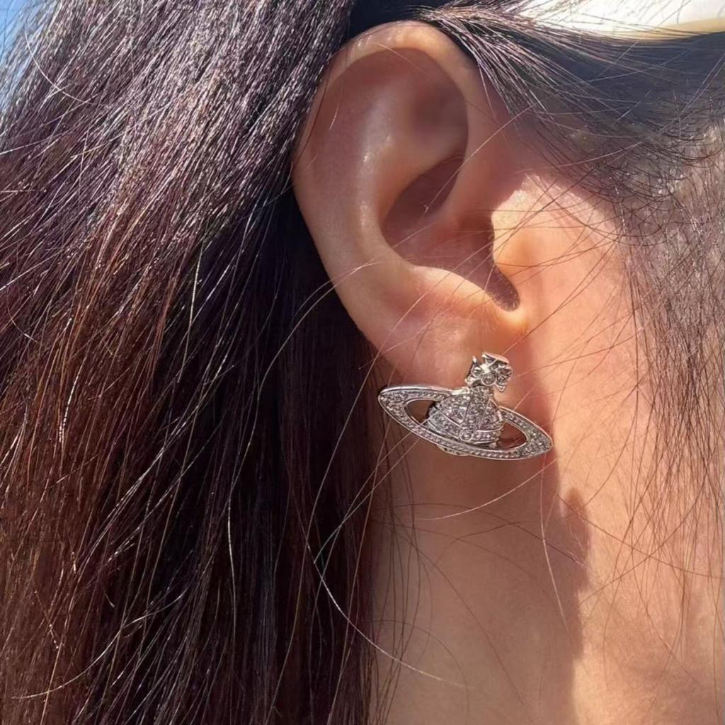 Dámské náušnice Vivienne Westwood Saturn s diamanty, Jednoduché náušnice v Ins stylu, Včetně dárkové krabičky