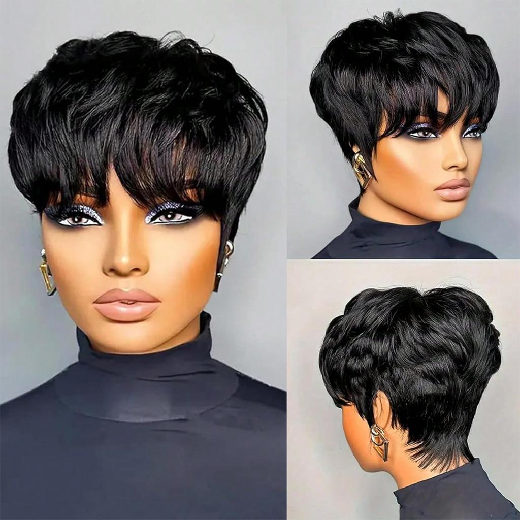Short Bob Wig ForWomen Pixie Cut Wigs Glueless Wig None Lace Front Wig With Bangs Natural Black Straight Synthetic Wig