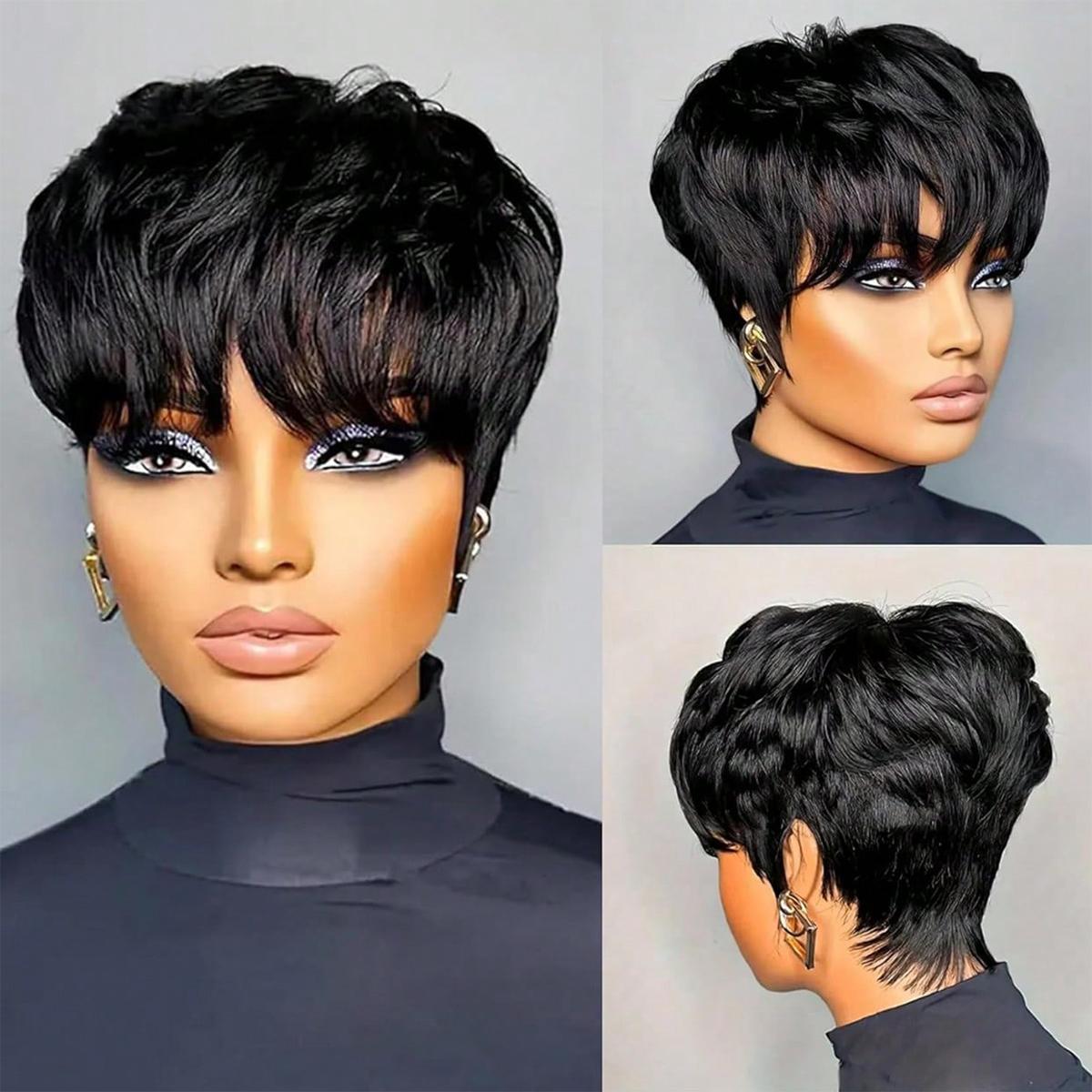 Korte Bob Pruik Voor Vrouwen Pixie Cut Pruiken Glueless Pruik Zonder Kant Voorzijde Pruik Met Pony Natuurlijk Zwart Steil Synthetische Pruik gray