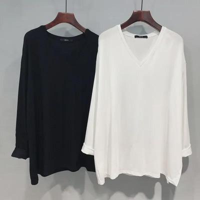 2025 Trendy European Women's V-Neck XL Long-Sleeve T-Shirt, Spring/Autumn, Loose Fit, Belly-Covering, Up To 300 Lbs