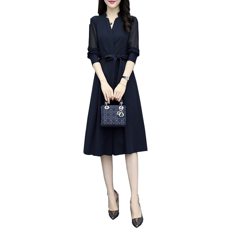 Jarní a podzimní šaty s dlouhým rukávem Módní Dámské Úzká sukně Výstřih do V Pas Pas