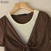 ZANZEA Women Casual Round Neck Short Sleeve Summer Patchwork Blouse