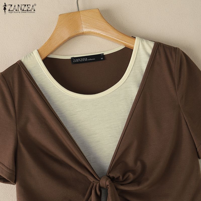 ZANZEA Women Casual Round Neck Short Sleeve Summer Patchwork Blouse
