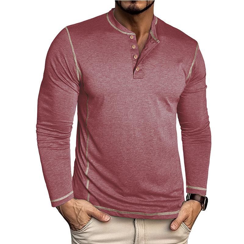 Men Henley Collar Contrast Stitching Long Sleeve Solid Color Slim Casual Button T Shirt