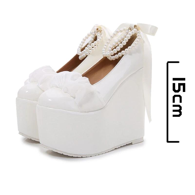 Fashion 15cm 12cm 10cm Sweet High Heel Platform Shoes Wedge Heels Pumps Women Shoes Bride Wedding Rhinestone White Shoes Elegant
