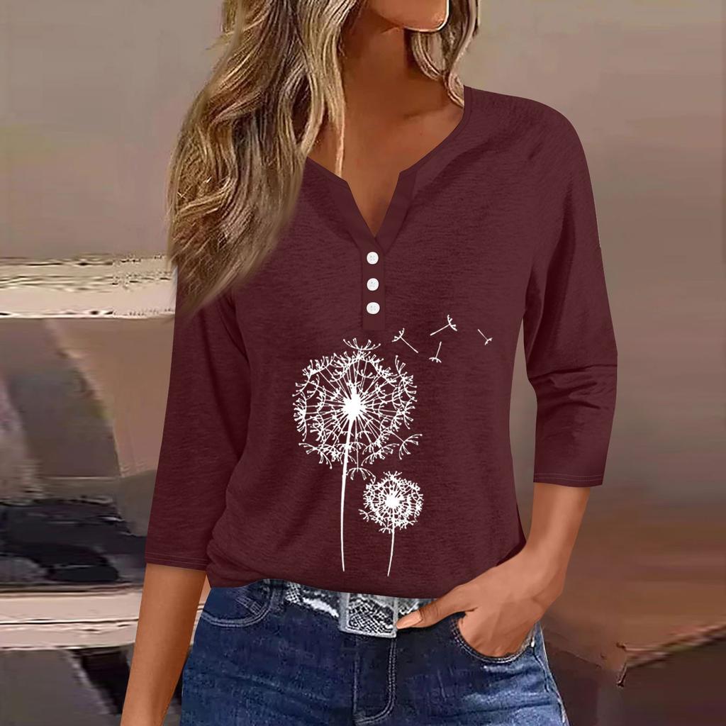 Women's T Shirt Tee Print Button  3/4 SleeveDaily Weekend Fashion Basic V- Neck Regular Top
