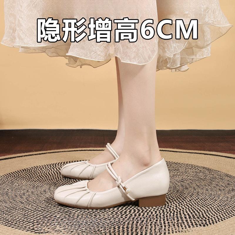 6CM inner height increase single shoes women's small size silver pleated light mouth grandma shoes one pedal thick heel shoes