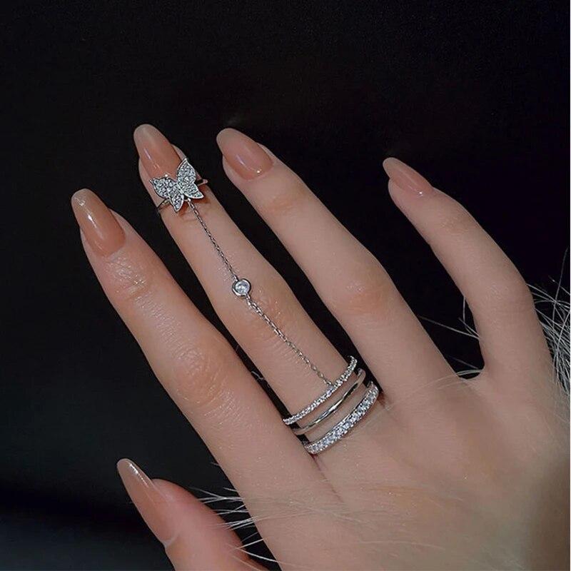 Dubbele Vinger Ketting Ringen voor Vrouwen Ring Set Kwastje Vlinder Kruis Punk Ringen Sieraden Damesmode HipHop Sieraden