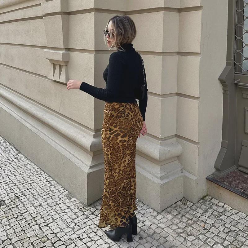 Leopard Print Mesh Low-Waist Fishtail Skirt for Women