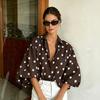 Women's Retro Polka Dot Puff Sleeve Blouse with Loose Fit, Lapel Collar, Three-Quarter Sleeves