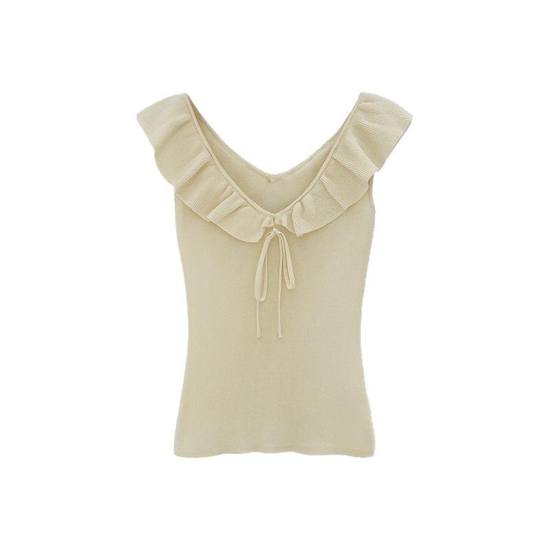 Chic Ruffle Edge Lace-up Vest Knitted Sweater Women's Summer Sweet Wind Slim and Thin Temperament Sleeveless Top
