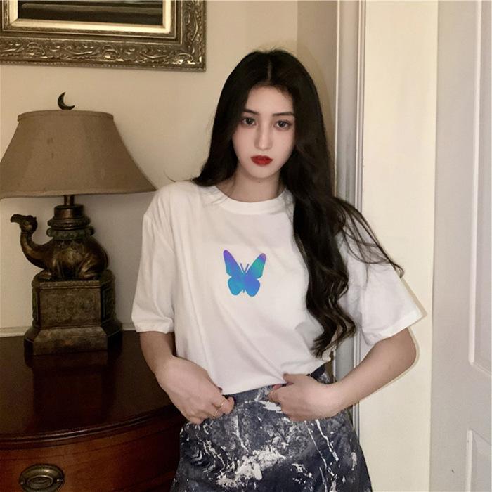 New Summer Internet Celebrity Couple Outfit Reflective Butterfly Short-sleeved T-shirt for Women Short-sleeved Students
