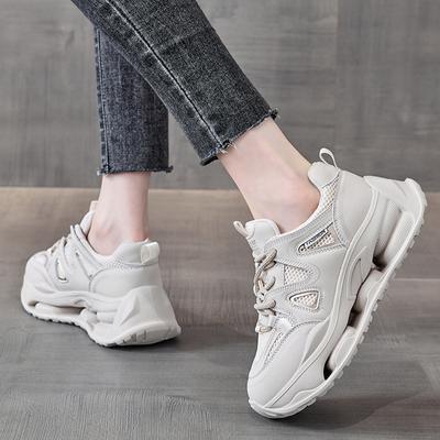 5.5CM Thick Sole Heightening Ladies Sneakers Fashion Leather Lace-up Sneakers Mesh Breathable Casual Running Shoes Size 35-40