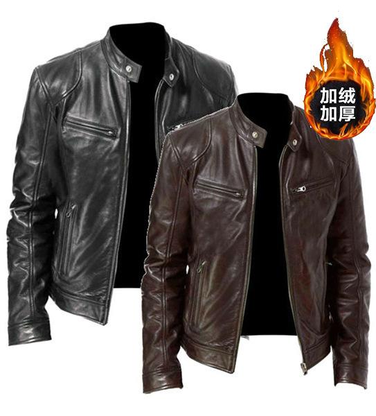 Winter business gentleman thermal zipper cardigan pocket decorative plush thick pu leather jacket stand-up collar slim leather jacket